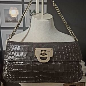 DKNY clutch/shoulderbag in dark brown crocodile-embossed leather